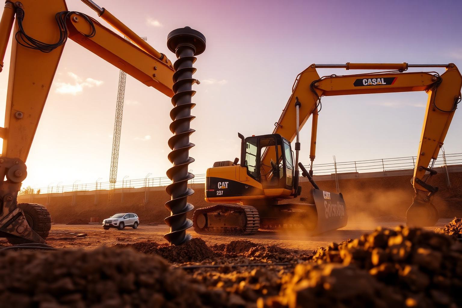 Excavator fitted with an auger drilling holes on a Gold Coast site
